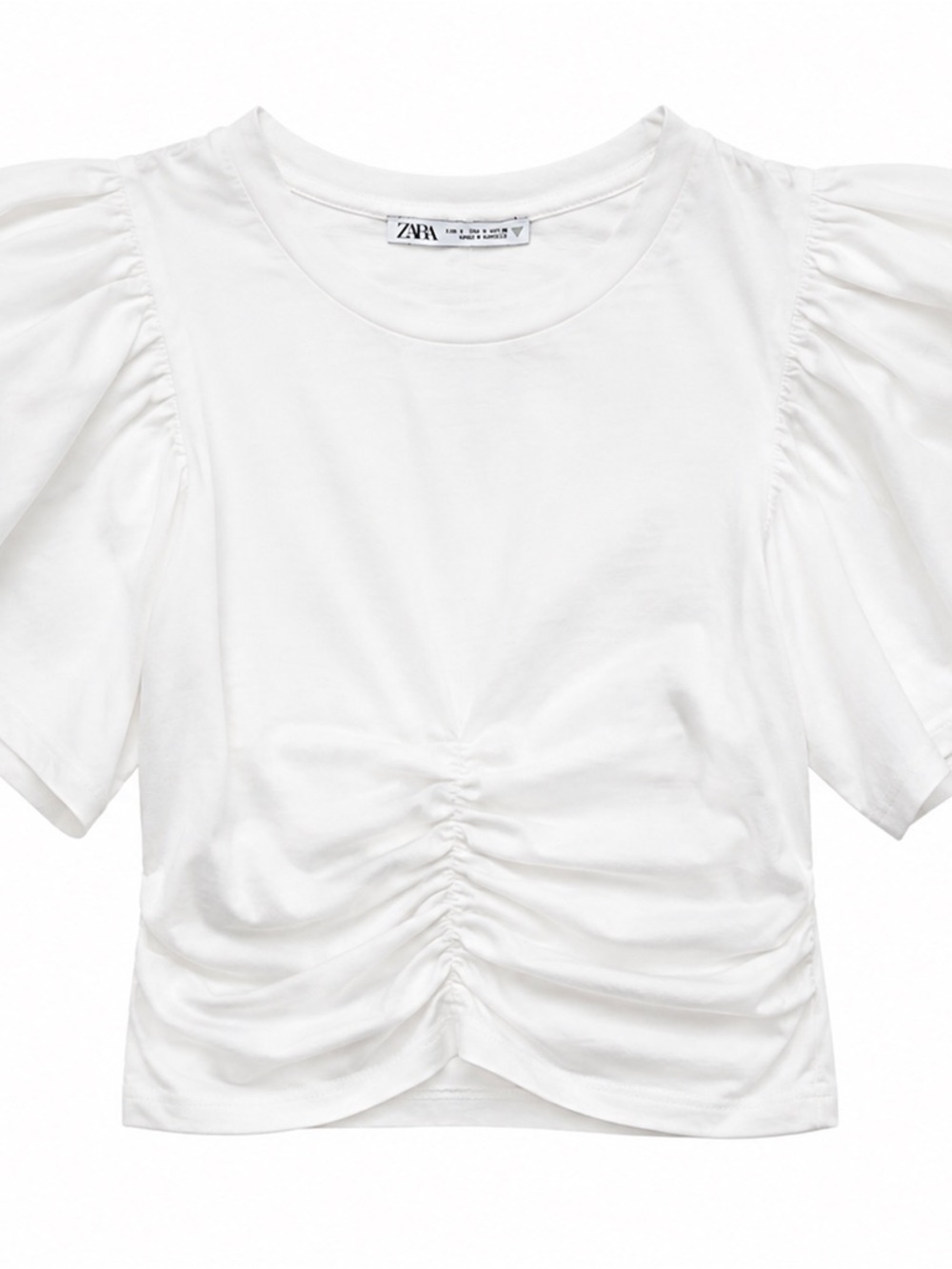 Zara White Ruched Puff-Sleeve Cotton Top